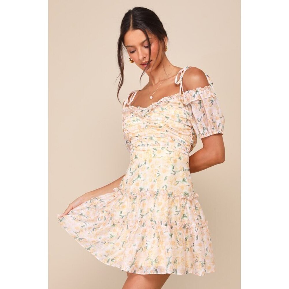 Lulus Memorably Cute Blush Pink Floral Off-the-shoulder Mini Dress - Size L